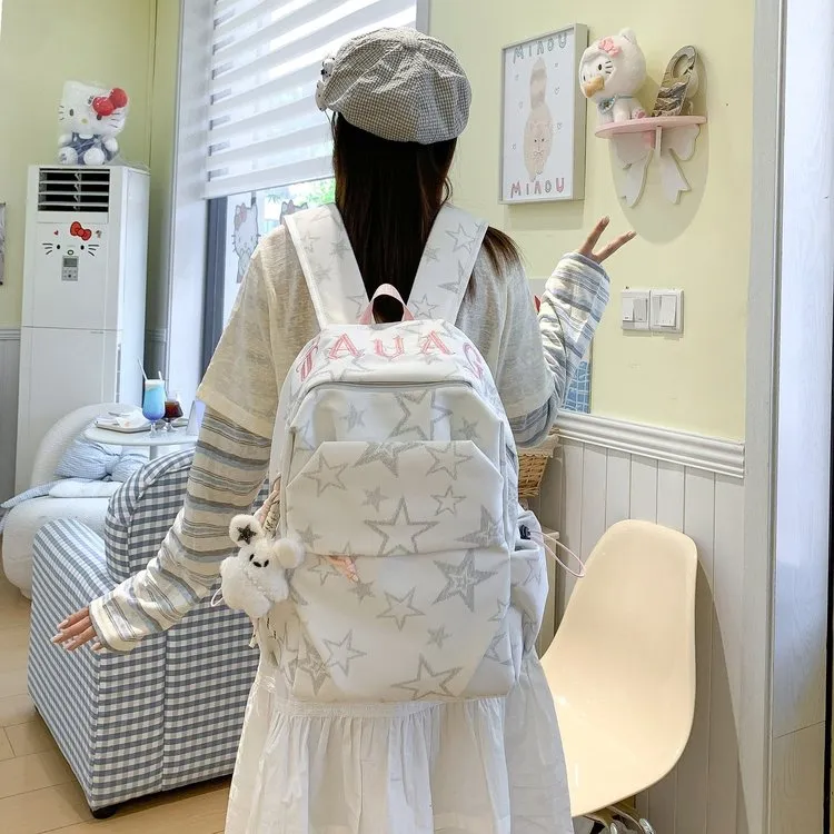 Tas Ransel Wanita Bahan Kain Motif Bintang Warna Biru Resleting untuk Sekolah Grosir Import
