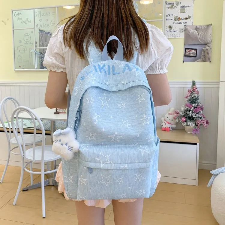 Tas Ransel Wanita Bahan Kain Motif Bintang Warna Biru Resleting untuk Sekolah Grosir Import