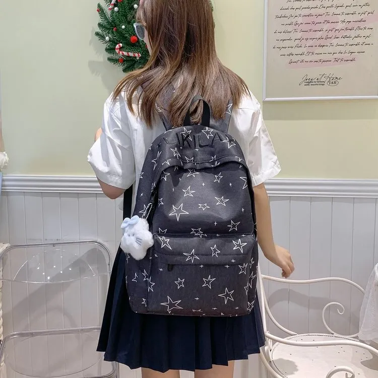 Tas Ransel Wanita Bahan Kain Motif Bintang Warna Biru Resleting untuk Sekolah Grosir Import