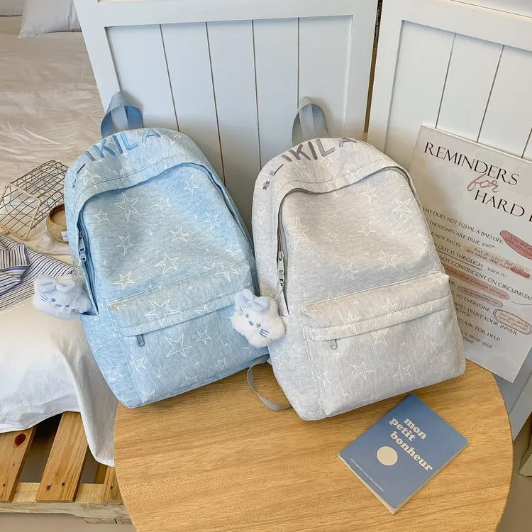Tas Ransel Wanita Bahan Kain Motif Bintang Warna Biru Resleting untuk Sekolah Grosir Import