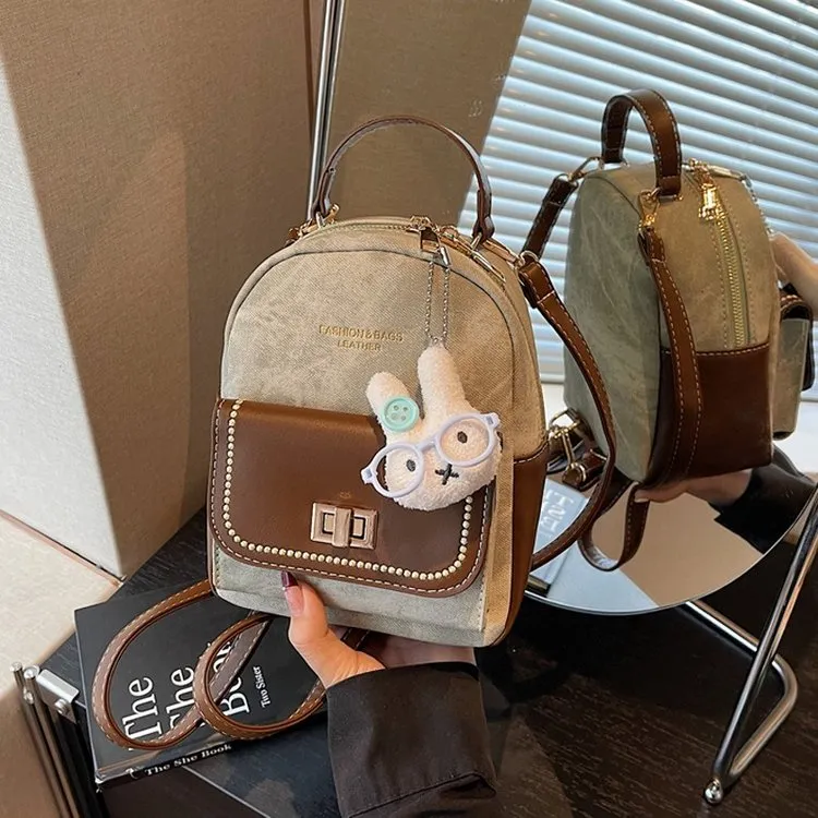 Tas Ransel Wanita Bahan PU Sintetis Polos Warna Beige Resleting Grosir Import
