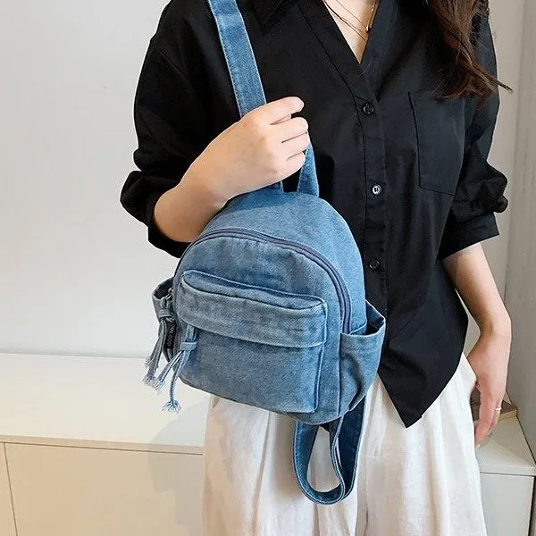 Tas Selempang Wanita Bahan Denim Resleting Dengan Gantungan Grosir Import