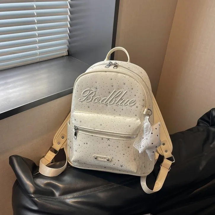 Tas Ransel Wanita Bahan PU Sintetis Motif Bintang Warna Putih Resleting Grosir Import