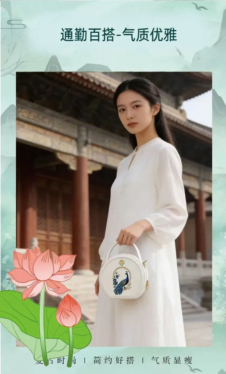 Tas Bahu Wanita Bahan PU Sintetis Motif Peafowl Warna Putih Bentuk Bulat Tali Grosir Import