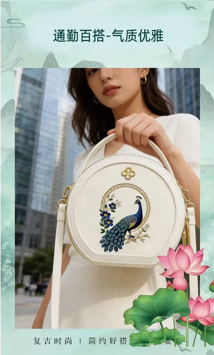 Tas Bahu Wanita Bahan PU Sintetis Motif Peafowl Warna Putih Bentuk Bulat Tali Grosir Import