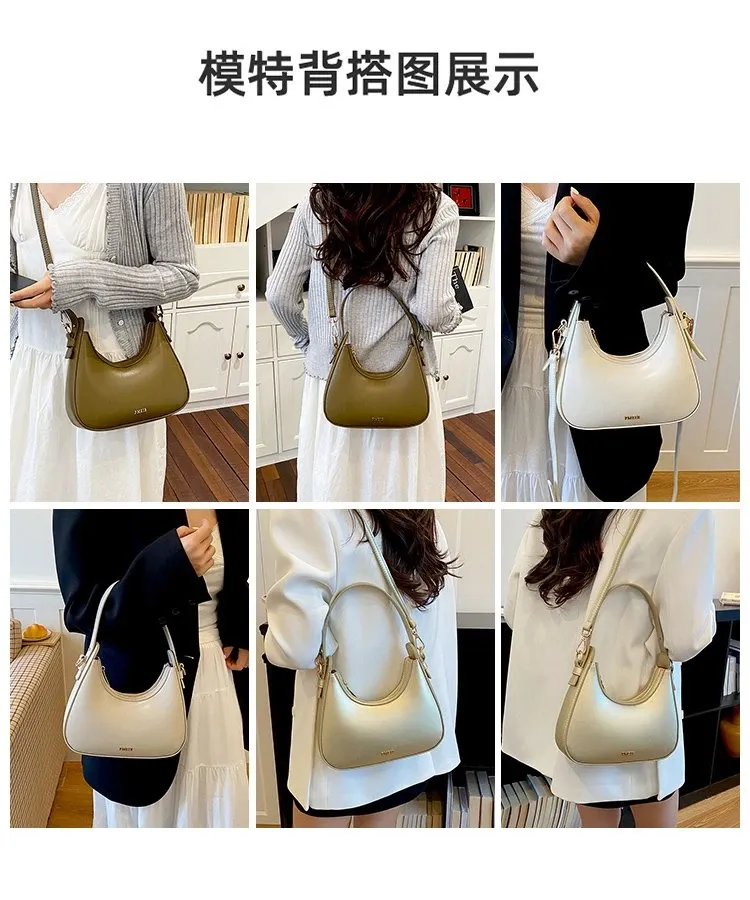 Tas Selempang Wanita Bahan PU Sintetis Polos Warna Hijau Bentuk Crescent Tali Grosir Import