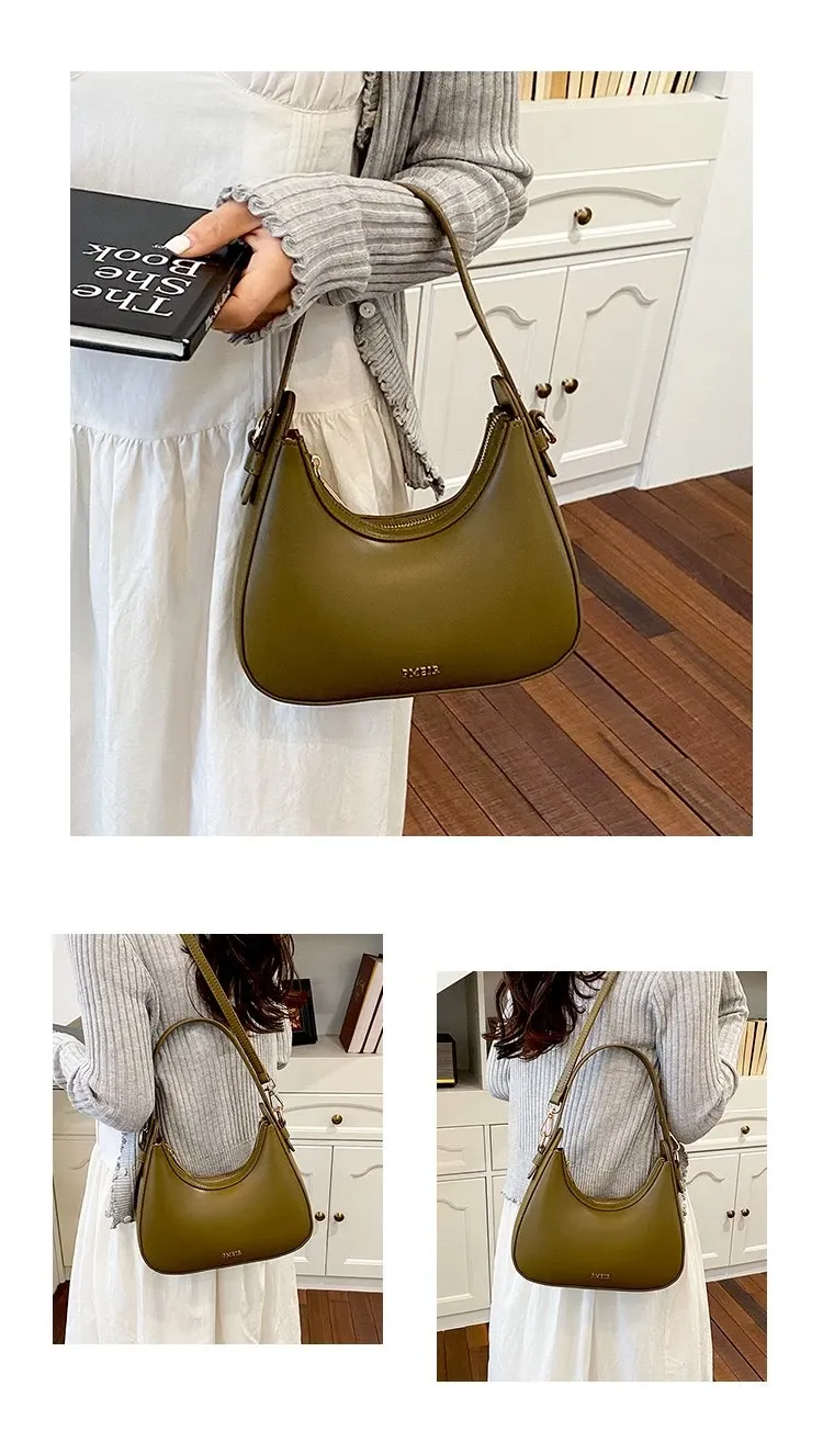 Tas Selempang Wanita Bahan PU Sintetis Polos Warna Hijau Bentuk Crescent Tali Grosir Import