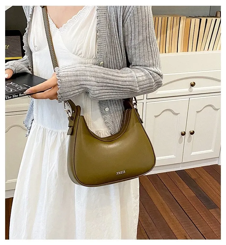 Tas Selempang Wanita Bahan PU Sintetis Polos Warna Hijau Bentuk Crescent Tali Grosir Import