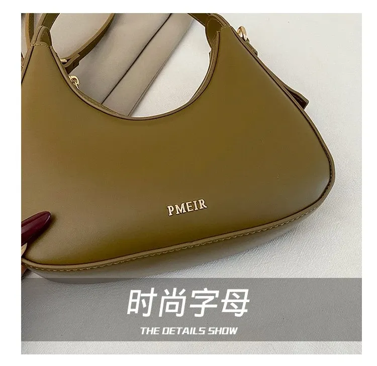 Tas Selempang Wanita Bahan PU Sintetis Polos Warna Hijau Bentuk Crescent Tali Grosir Import