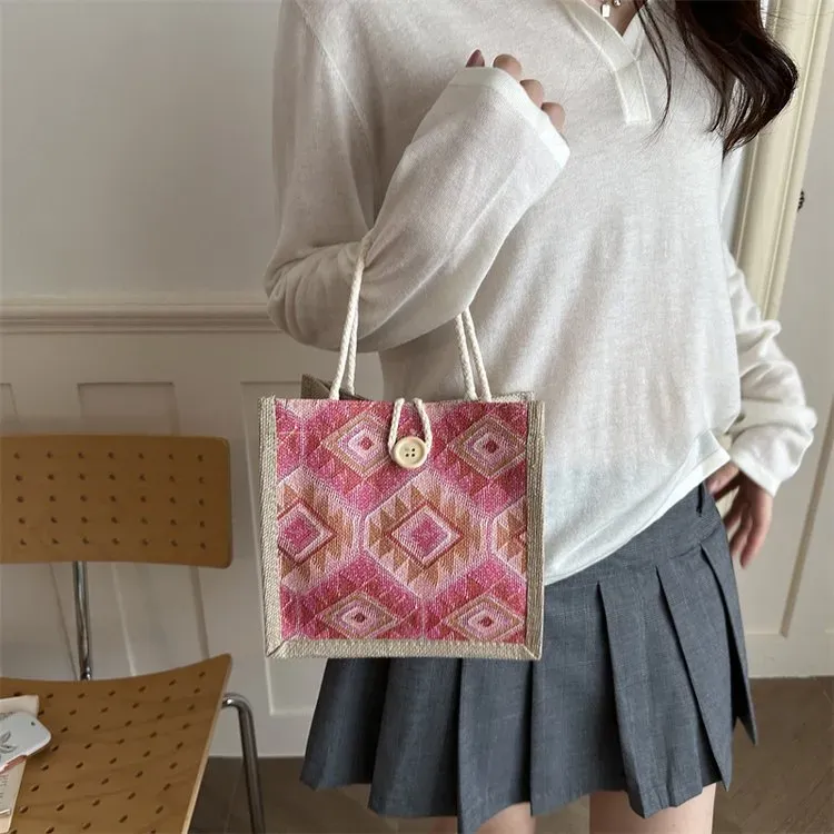 Tas Selempang Wanita Bahan Oxford Motif Geometris Warna Merah Bentuk Kotak Tali Grosir Import