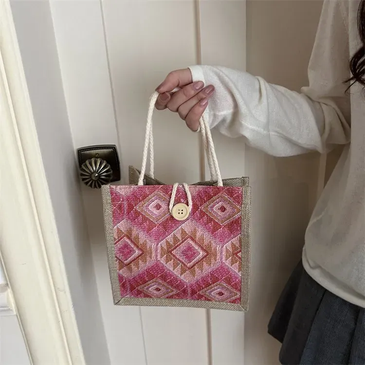 Tas Selempang Wanita Bahan Oxford Motif Geometris Warna Merah Bentuk Kotak Tali Grosir Import