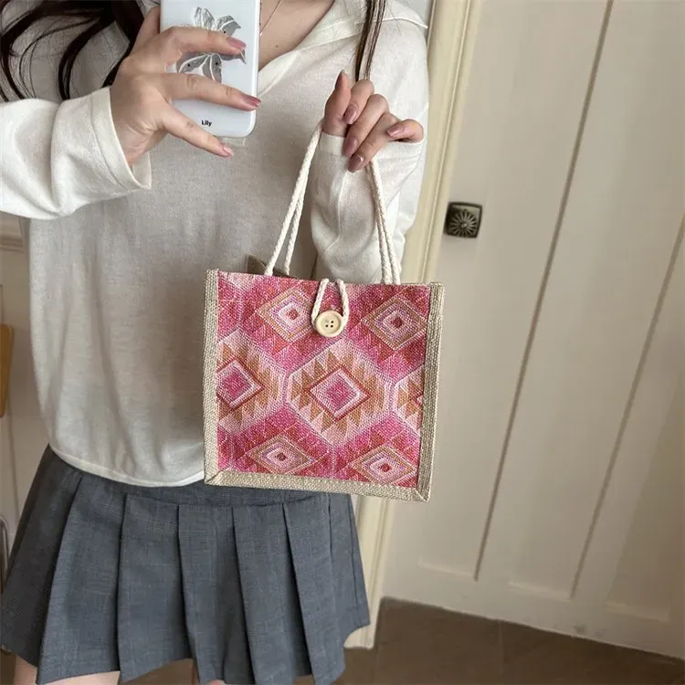 Tas Selempang Wanita Bahan Oxford Motif Geometris Warna Merah Bentuk Kotak Tali Grosir Import