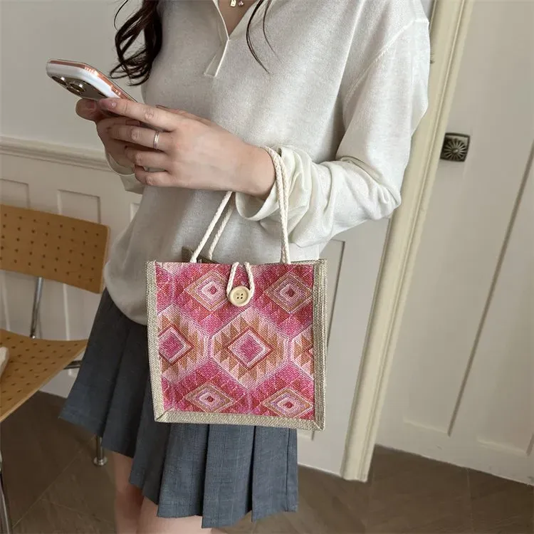 Tas Selempang Wanita Bahan Oxford Motif Geometris Warna Merah Bentuk Kotak Tali Grosir Import