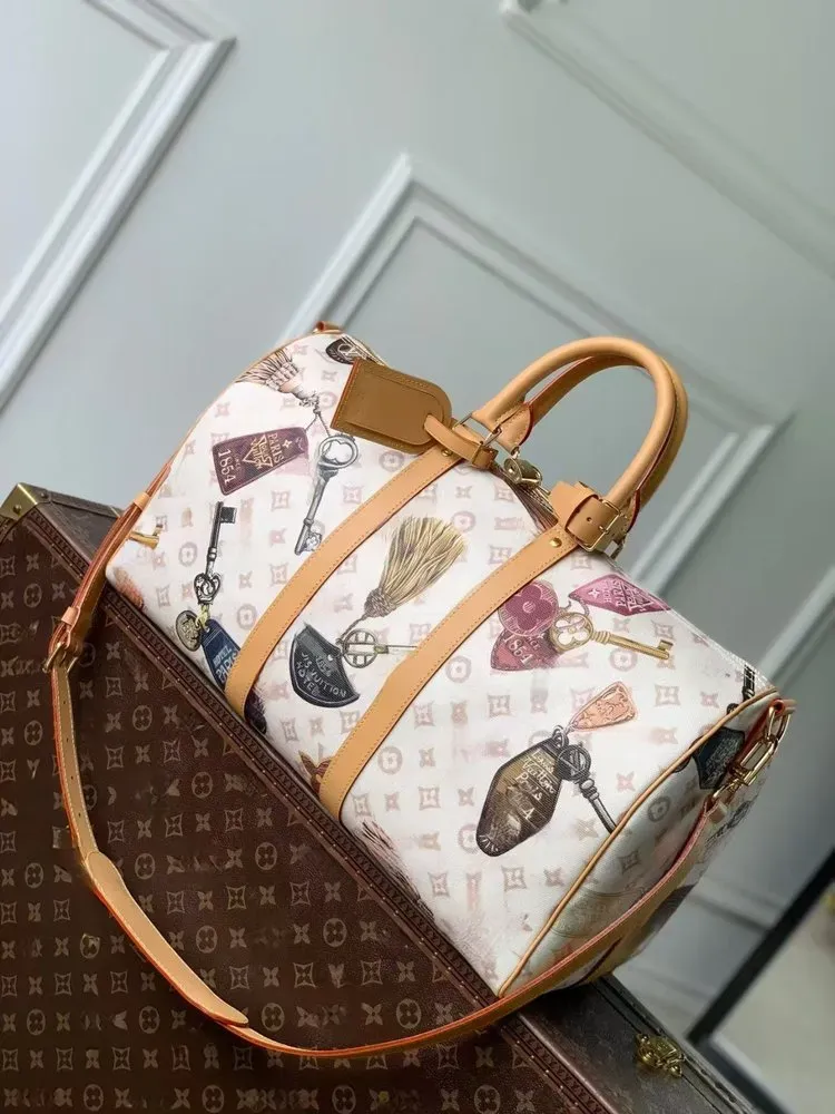 Tas Selempang Wanita Bahan PU Sintetis Motif Print Warna Putih Bentuk Kotak Tali untuk Jualan