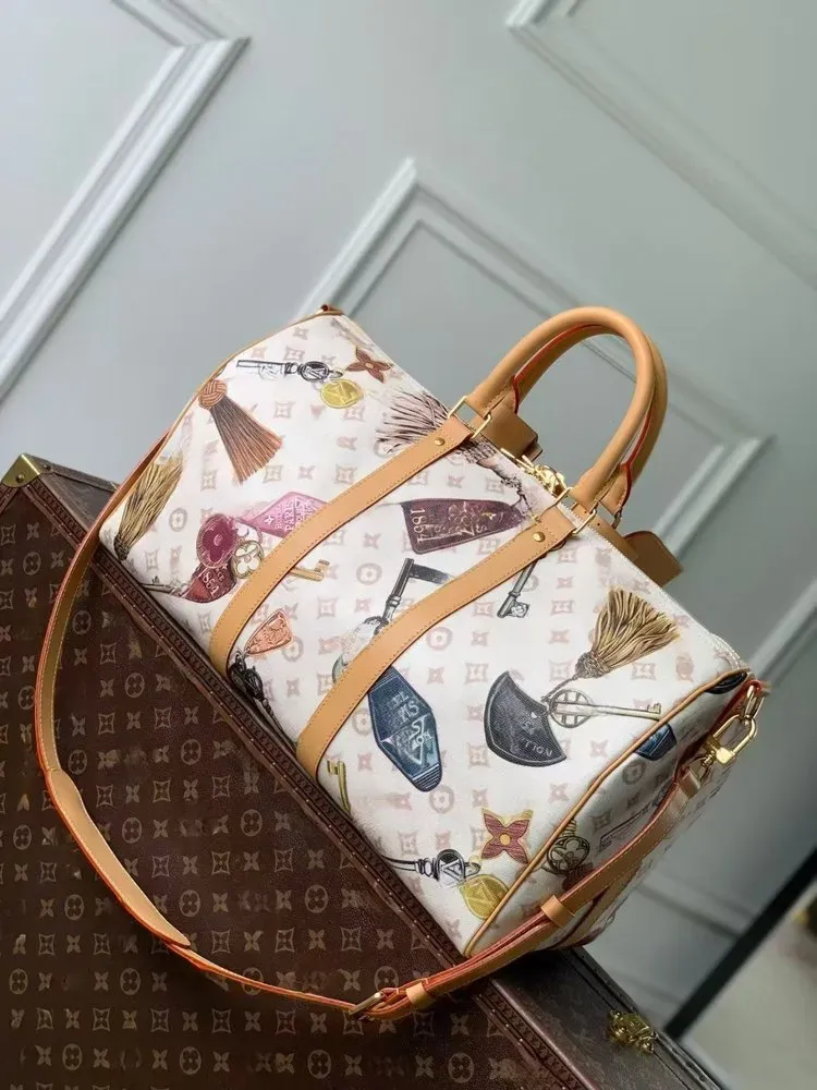 Tas Selempang Wanita Bahan PU Sintetis Motif Print Warna Putih Bentuk Kotak Tali untuk Jualan
