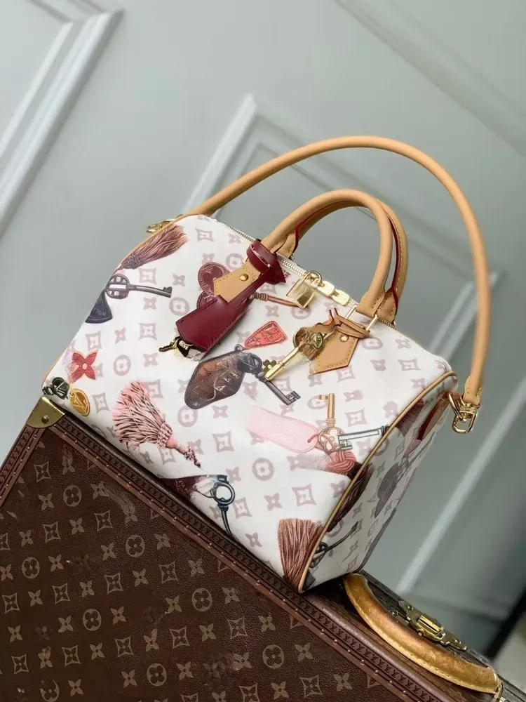 Tas Selempang Wanita Bahan PU Sintetis Motif Print Warna Putih Bentuk Kotak Tali untuk Jualan