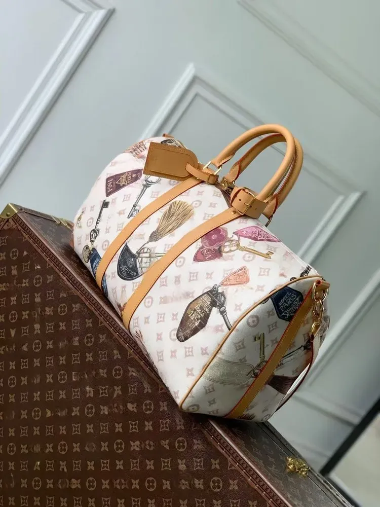 Tas Selempang Wanita Bahan PU Sintetis Motif Print Warna Putih Bentuk Kotak Tali untuk Jualan