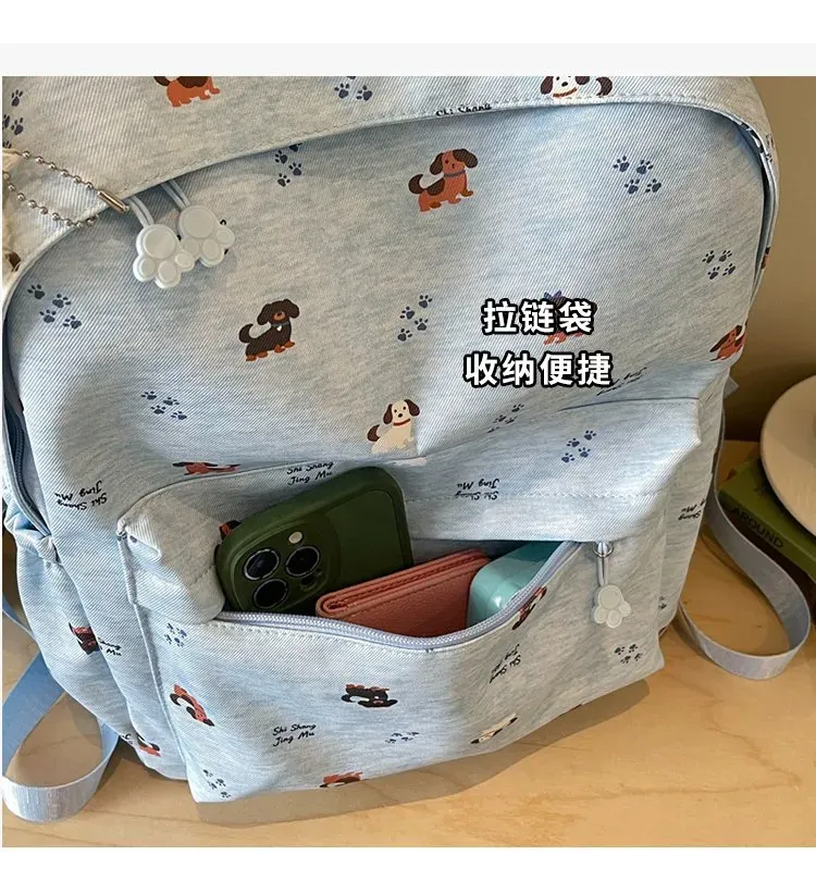 Tas Ransel Wanita Bahan Kain Motif Print Warna Biru Bentuk Kotak Tali Lebar Dengan Gantungan