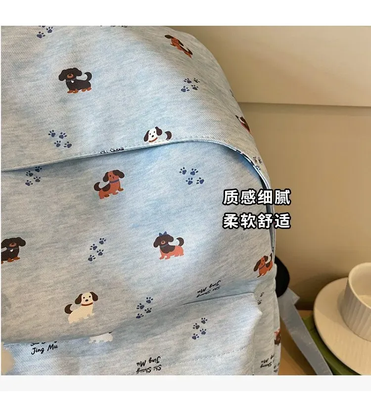 Tas Ransel Wanita Bahan Kain Motif Print Warna Biru Bentuk Kotak Tali Lebar Dengan Gantungan