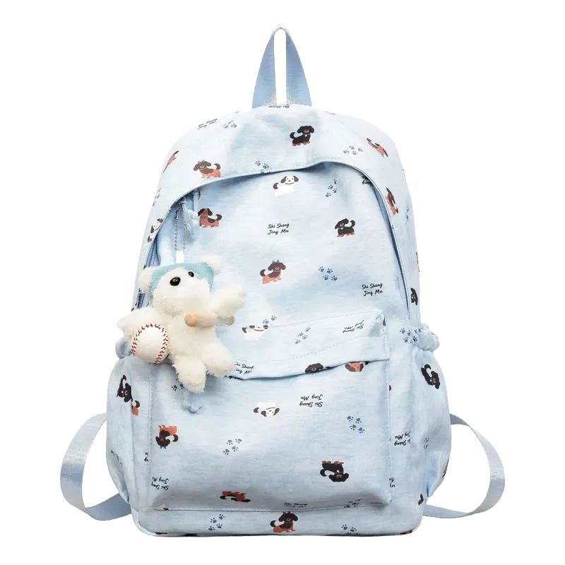 Tas Ransel Wanita Bahan Kain Motif Print Warna Biru Bentuk Kotak Tali Lebar Dengan Gantungan
