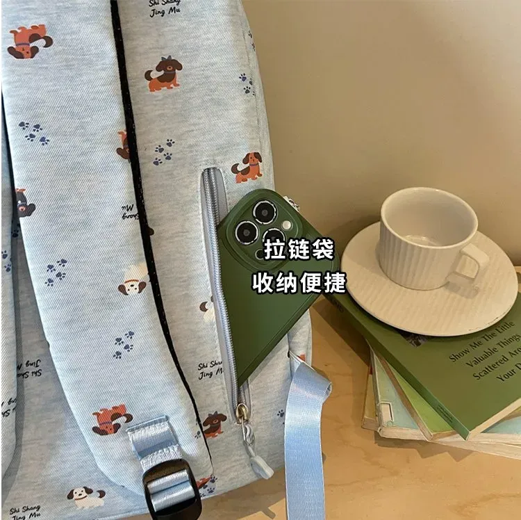Tas Ransel Wanita Bahan Kain Motif Print Warna Biru Bentuk Kotak Tali Lebar Dengan Gantungan