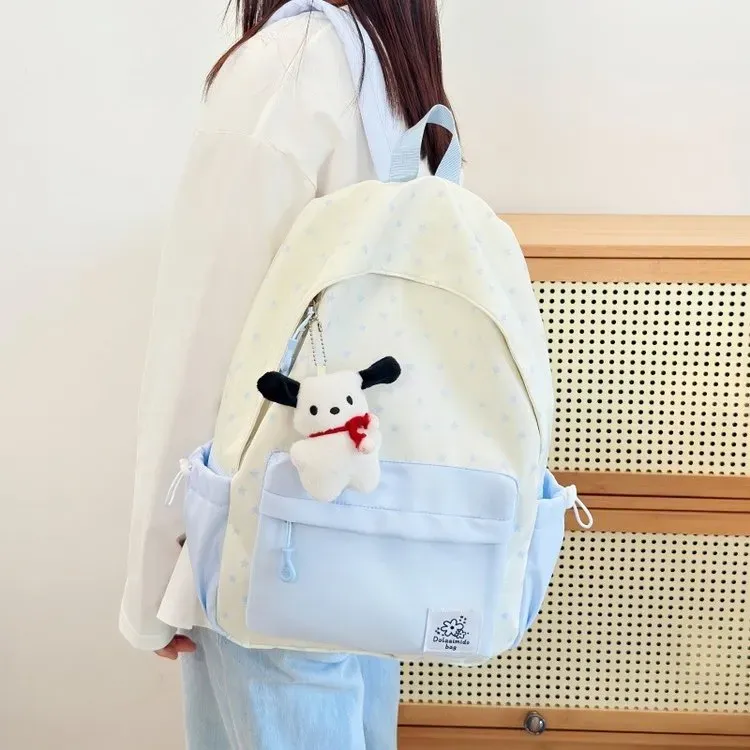 Tas Ransel Wanita Bahan Nylon Motif Print Warna Putih Bentuk Kotak Tali Lebar Bahan Polyester