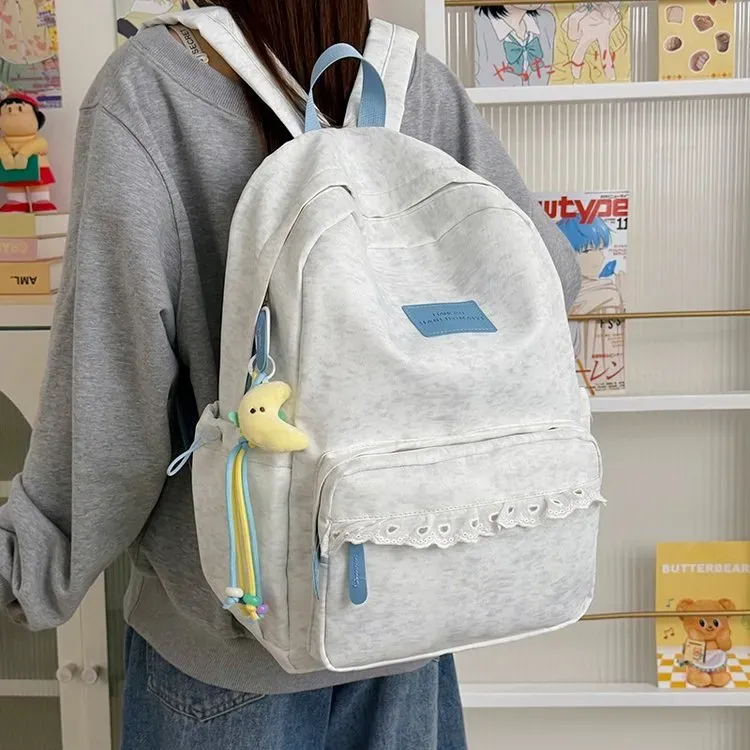 Tas Ransel Wanita Bahan Nylon Motif Print Warna Putih Bentuk Kotak Tali Lebar Bahan Polyester