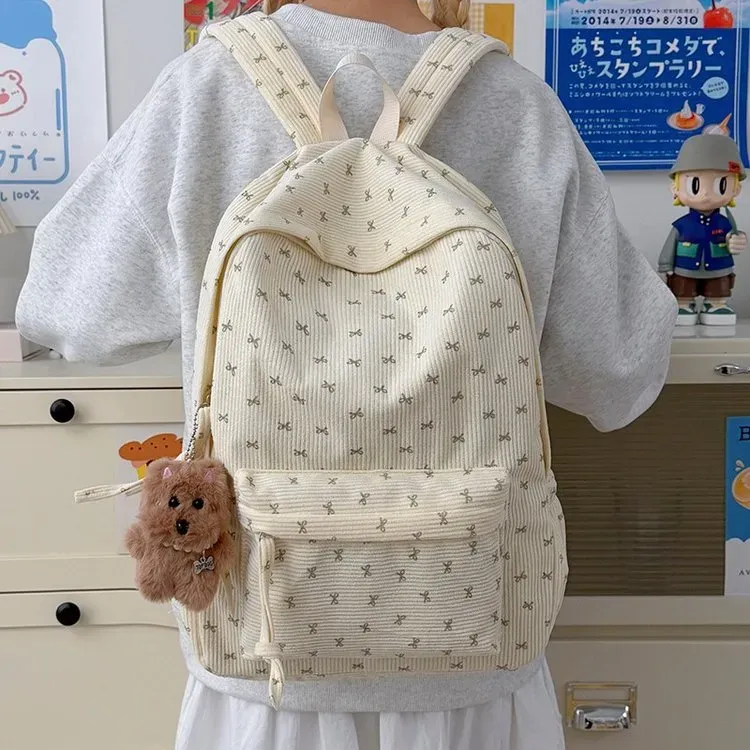 Tas Ransel Wanita Bahan Nylon Motif Print Warna Putih Bentuk Kotak Tali Lebar Bahan Polyester
