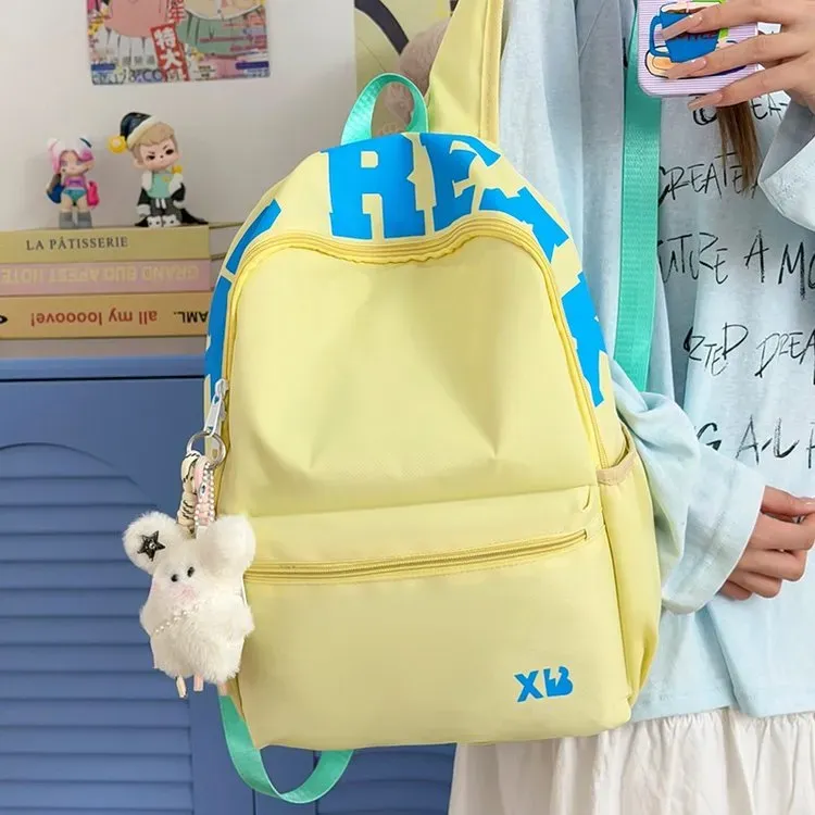 Tas Ransel Wanita Bahan Nylon Motif Print Warna Putih Bentuk Kotak Tali Lebar Bahan Polyester