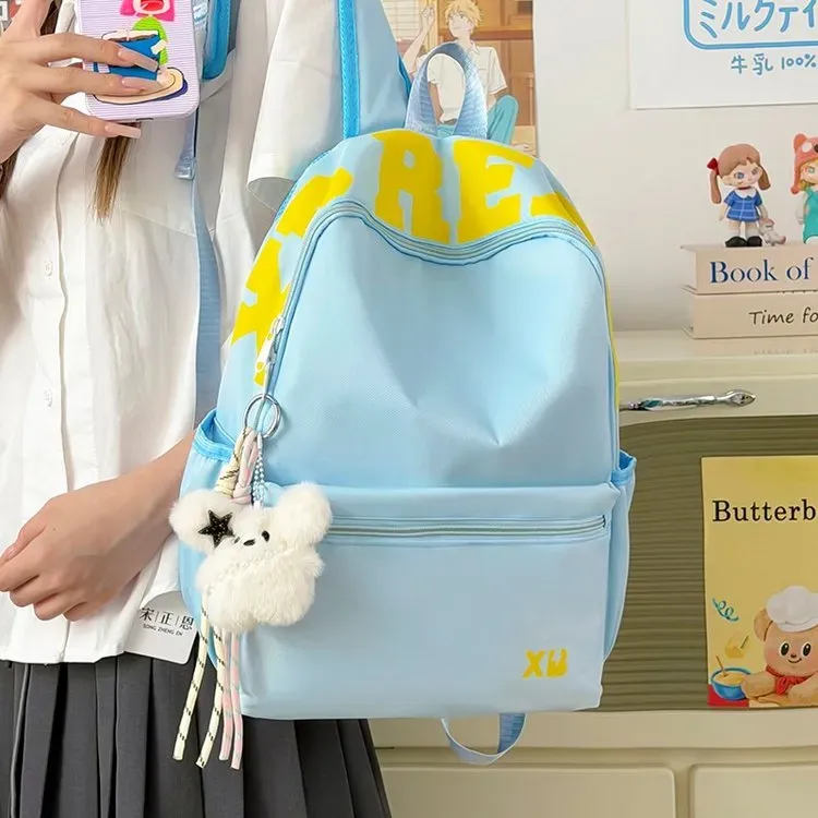 Tas Ransel Wanita Bahan Nylon Motif Print Warna Putih Bentuk Kotak Tali Lebar Bahan Polyester