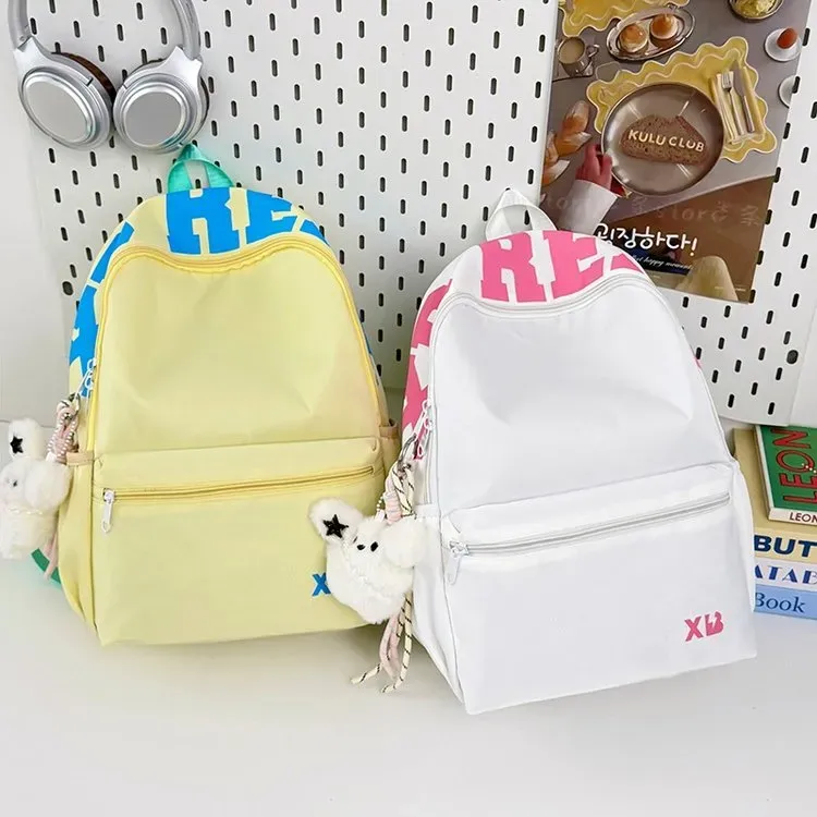 Tas Ransel Wanita Bahan Nylon Motif Print Warna Putih Bentuk Kotak Tali Lebar Bahan Polyester