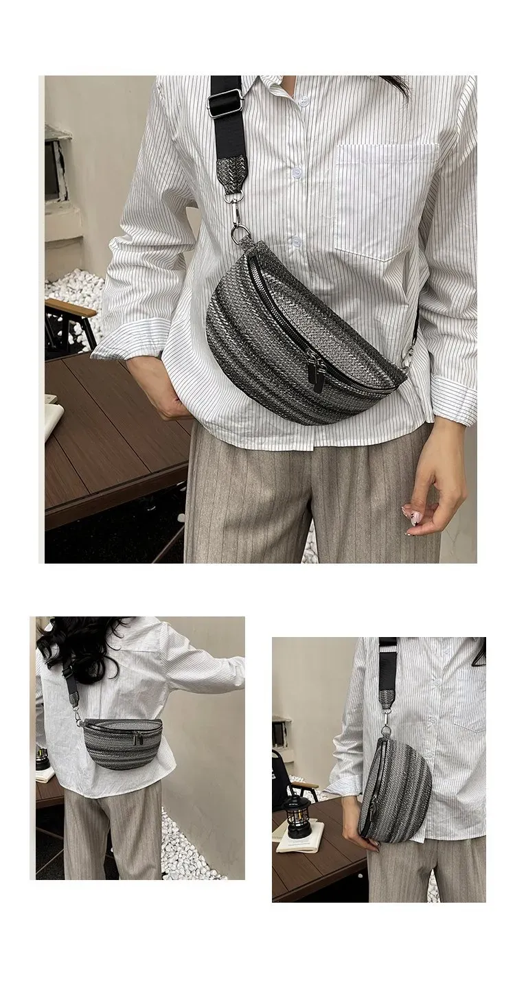 Tas Selempang Wanita Bahan PU Sintetis Motif Garis Bentuk Bulat Tali Lebar Grosir Import