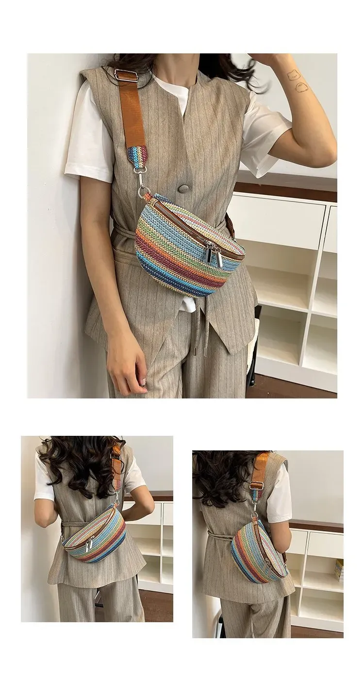 Tas Selempang Wanita Bahan PU Sintetis Motif Garis Bentuk Bulat Tali Lebar Grosir Import