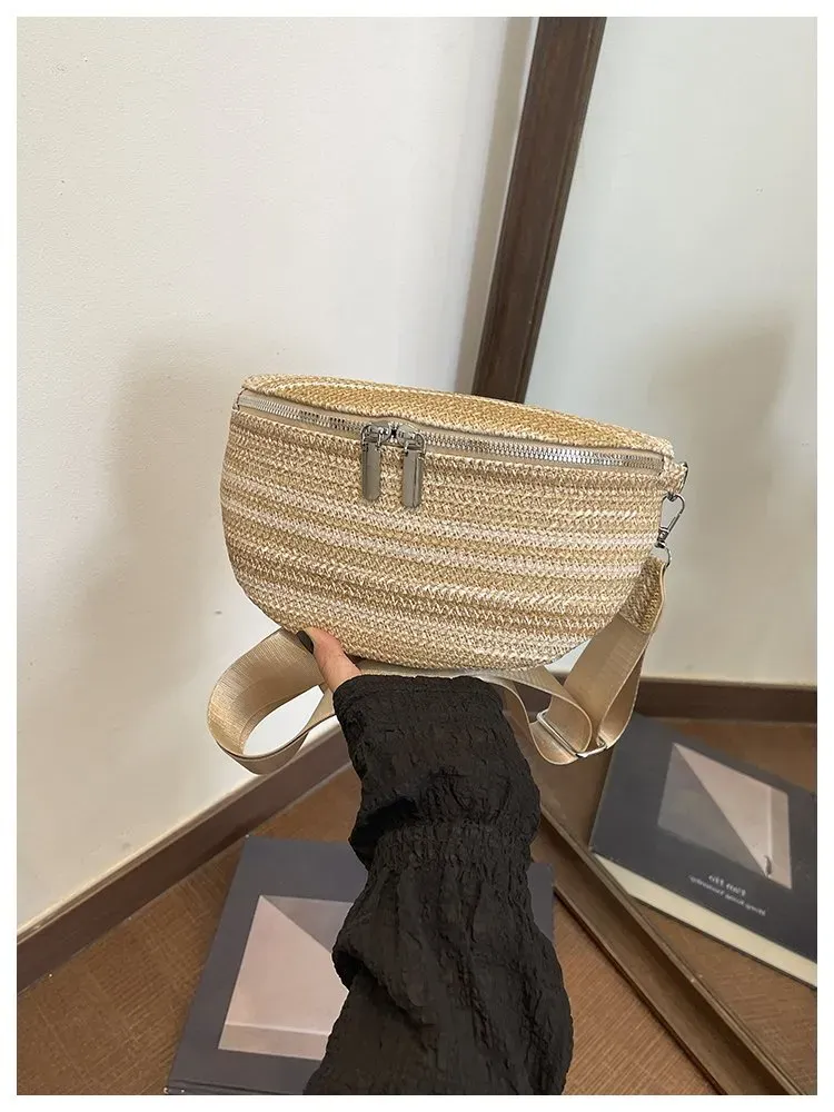 Tas Selempang Wanita Bahan PU Sintetis Motif Garis Bentuk Bulat Tali Lebar Grosir Import