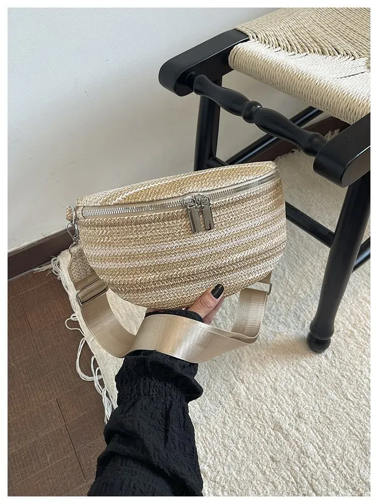 Tas Selempang Wanita Bahan PU Sintetis Motif Garis Bentuk Bulat Tali Lebar Grosir Import