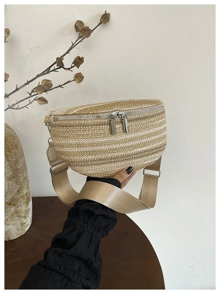 Tas Selempang Wanita Bahan PU Sintetis Motif Garis Bentuk Bulat Tali Lebar Grosir Import