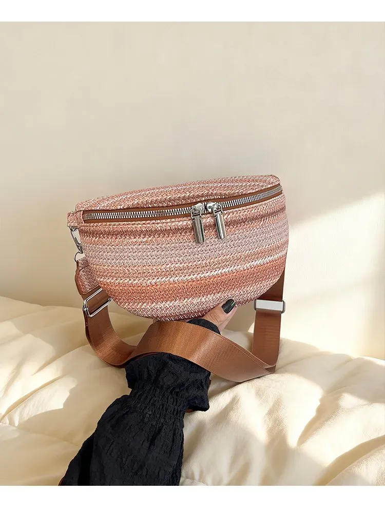 Tas Selempang Wanita Bahan PU Sintetis Motif Garis Bentuk Bulat Tali Lebar Grosir Import