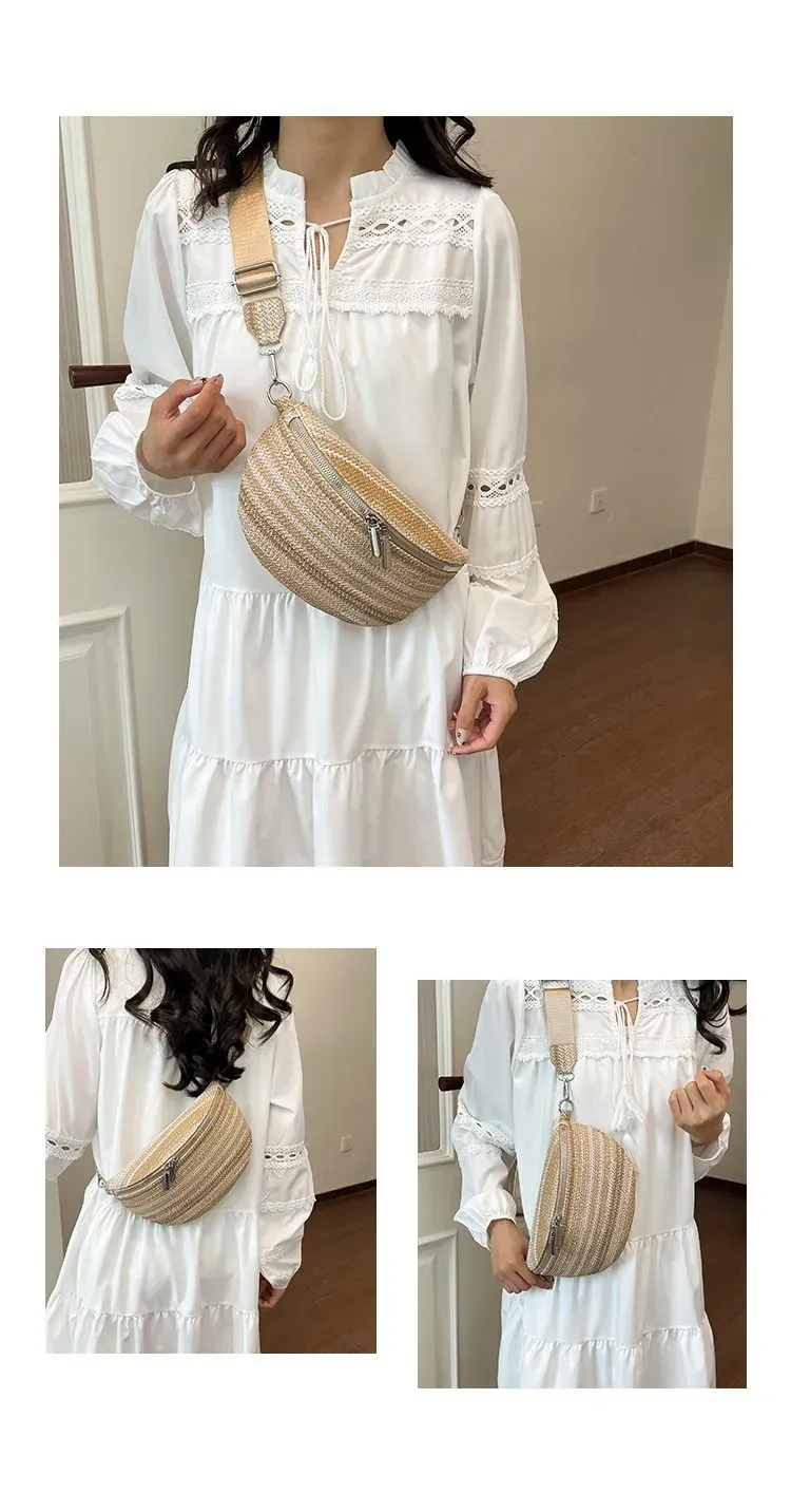 Tas Selempang Wanita Bahan PU Sintetis Motif Garis Bentuk Bulat Tali Lebar Grosir Import