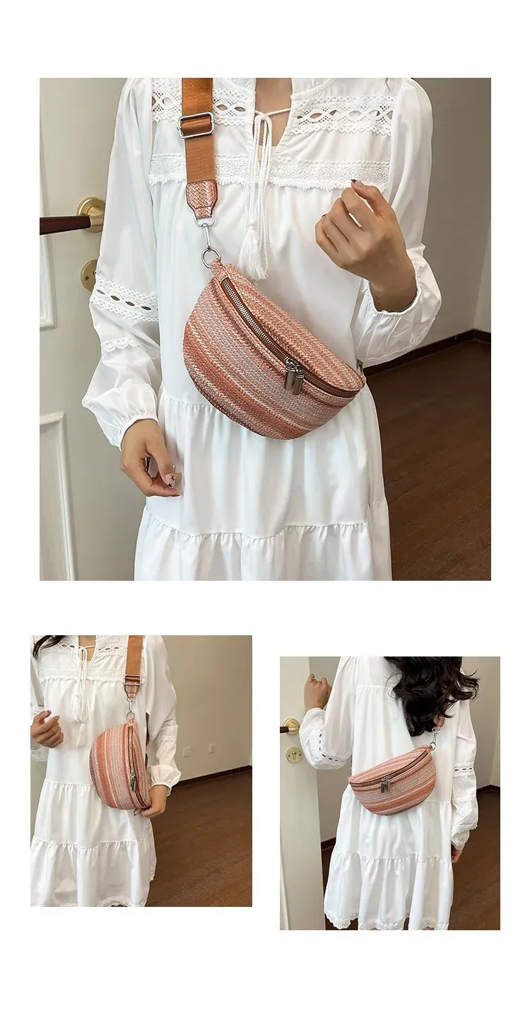 Tas Selempang Wanita Bahan PU Sintetis Motif Garis Bentuk Bulat Tali Lebar Grosir Import