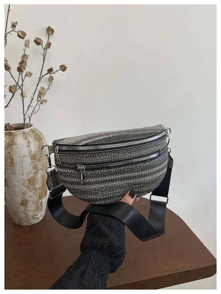 Tas Selempang Wanita Bahan PU Sintetis Motif Print Bentuk Crescent Tali Lebar Mini Grosir