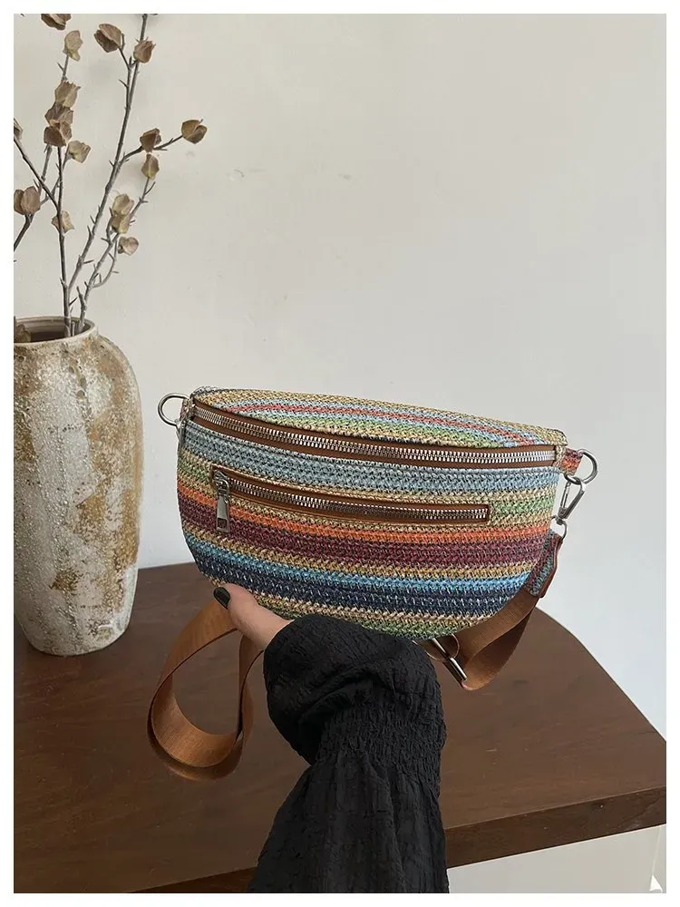 Tas Selempang Wanita Bahan PU Sintetis Motif Print Bentuk Crescent Tali Lebar Mini Grosir