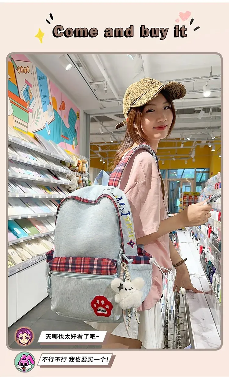 Tas Ransel Wanita Bahan Nylon Motif Plaid Bentuk Kotak Tali Panjang Resleting Grosir Import