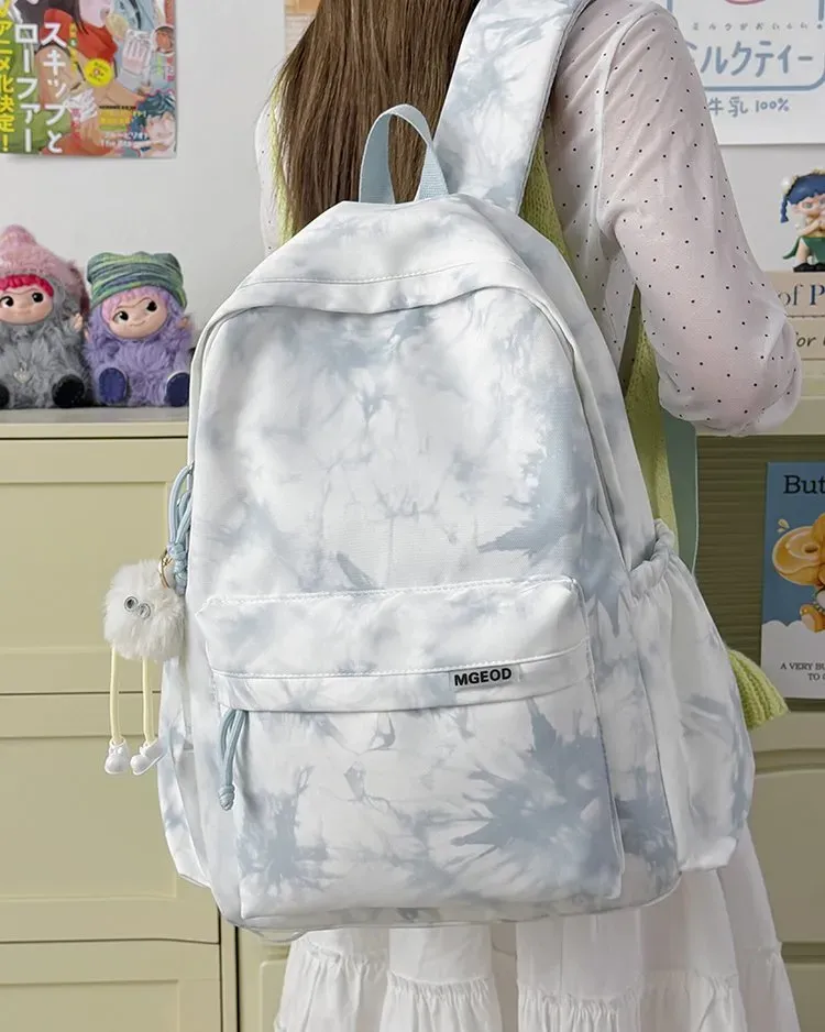 Tas Ransel Wanita Bahan Oxford Motif Print Warna Putih Bentuk Kotak Tali Panjang Grosir Import
