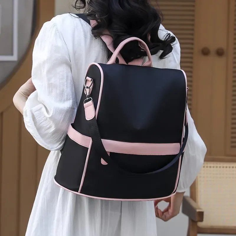 Tas Ransel Wanita Bahan Oxford Polos Bentuk Kotak Tali Lebar Resleting Grosir Import