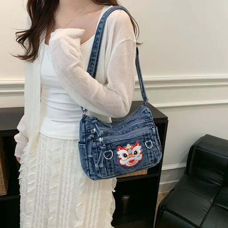 Tas Selempang Wanita Bahan PU Sintetis Polos Warna Biru Bentuk Kotak Tali untuk Reseller