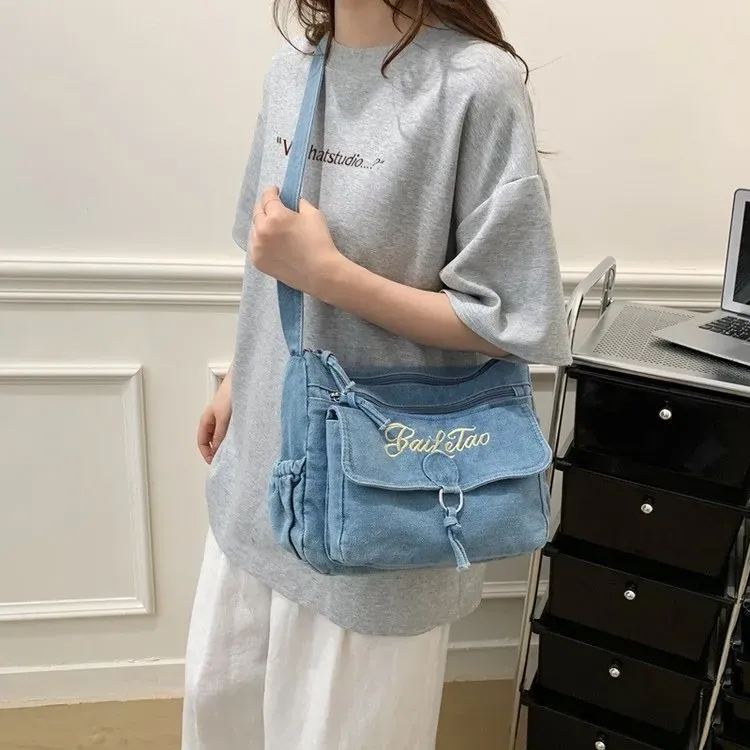 Tas Selempang Wanita Bahan PU Sintetis Polos Warna Biru Bentuk Kotak Tali untuk Reseller