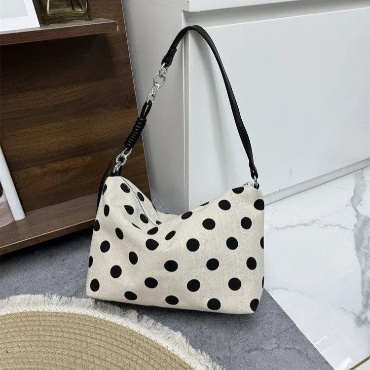 Tas Selempang Wanita Bahan PU Sintetis Motif Polkadot Warna Hitam Bentuk Bulat Koleksi Reseller