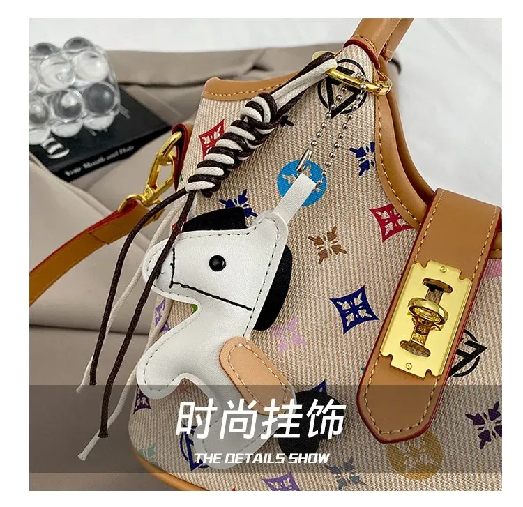 Tas Selempang Wanita Bahan PU Sintetis Motif Print Bentuk Kotak Tali Panjang Dengan Gantungan