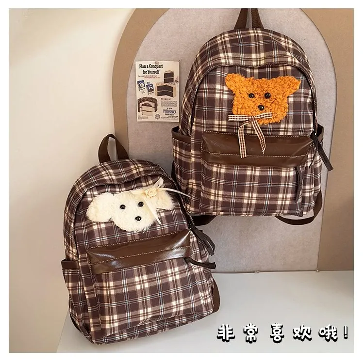 Tas Ransel Wanita Bahan Nylon Motif Plaid Warna Biru Bentuk Kotak Tali Lebar Grosir Import