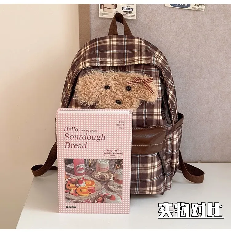 Tas Ransel Wanita Bahan Nylon Motif Plaid Warna Biru Bentuk Kotak Tali Lebar Grosir Import